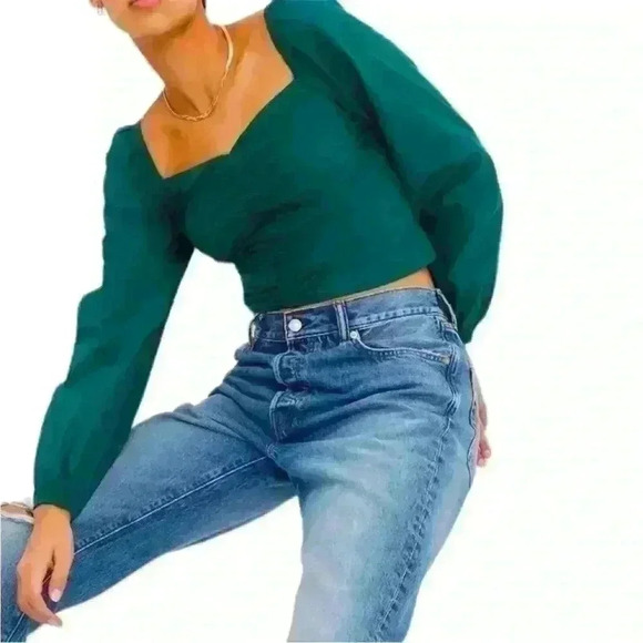 NWT GAP Puff Sleeve Sweetheart Top June bug green size L - Picture 1 of 5